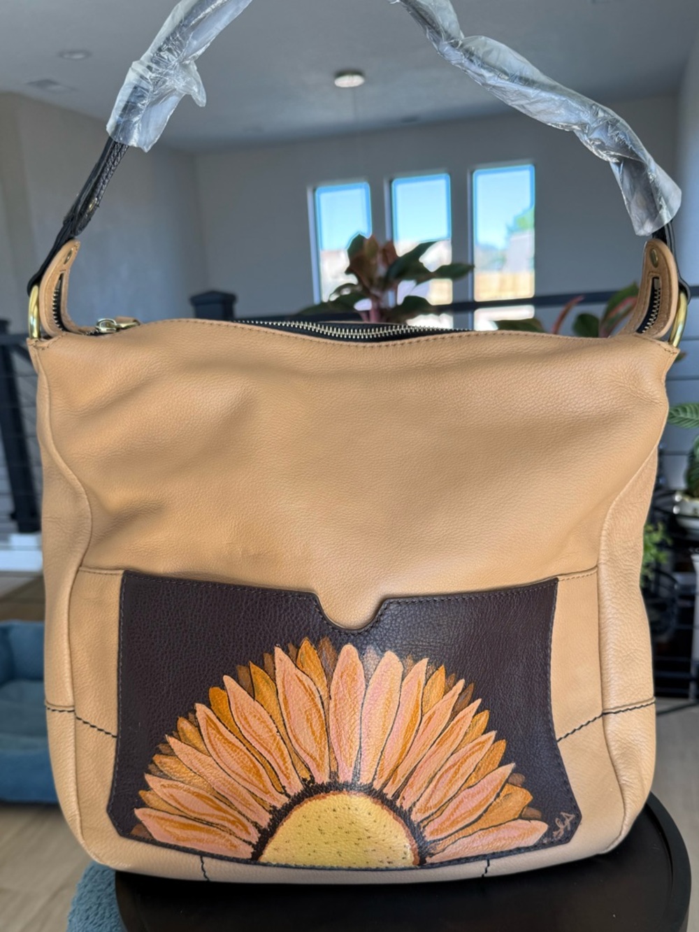 Hand Painted Oryany Adele Leather Hobo Bag, removable shoulder strap, makeup bag